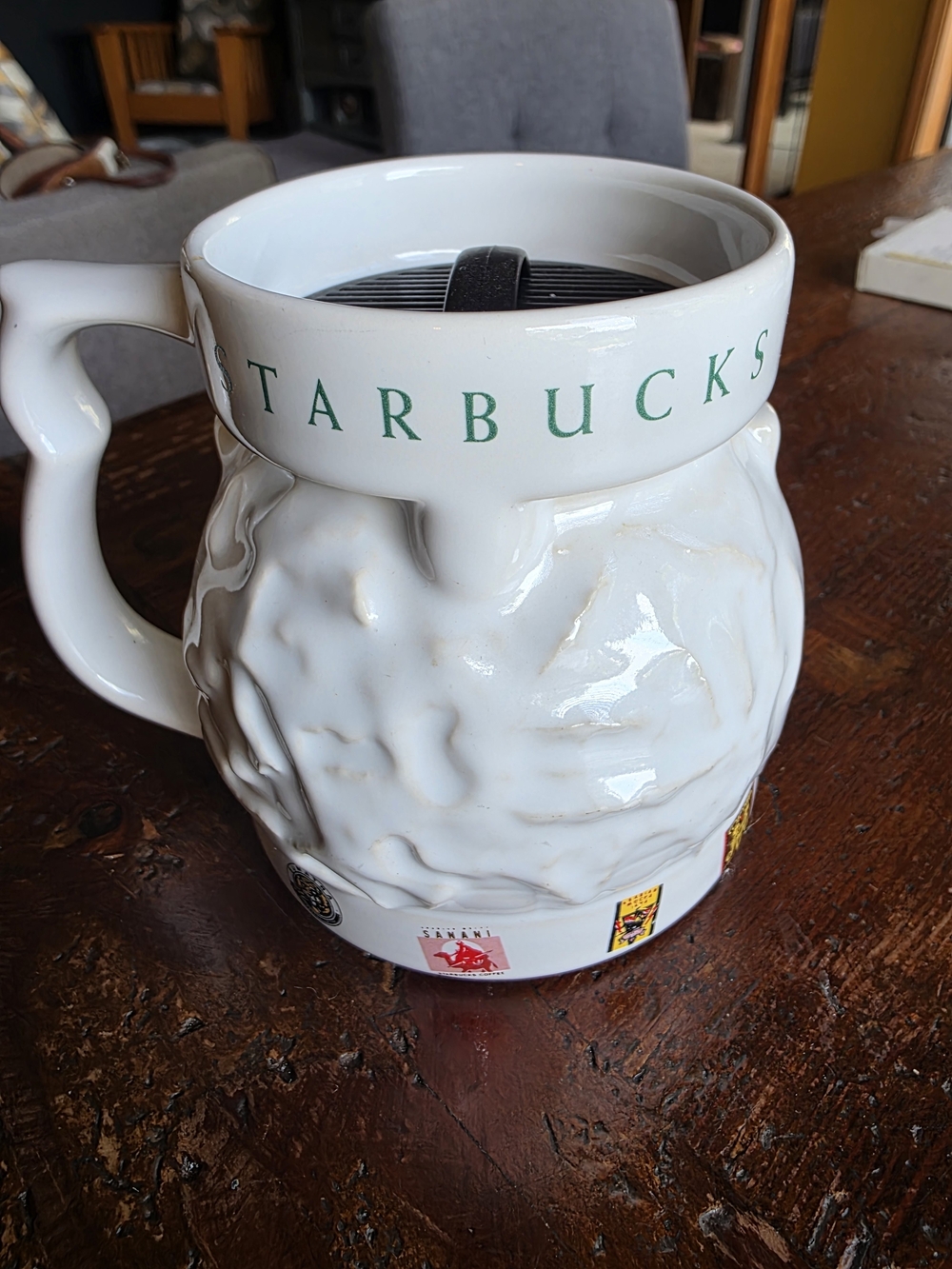 1997 Starbucks White Ceramic Globe Mug with Green Logo and Multicolor Icon Band - Picture 3 of 3